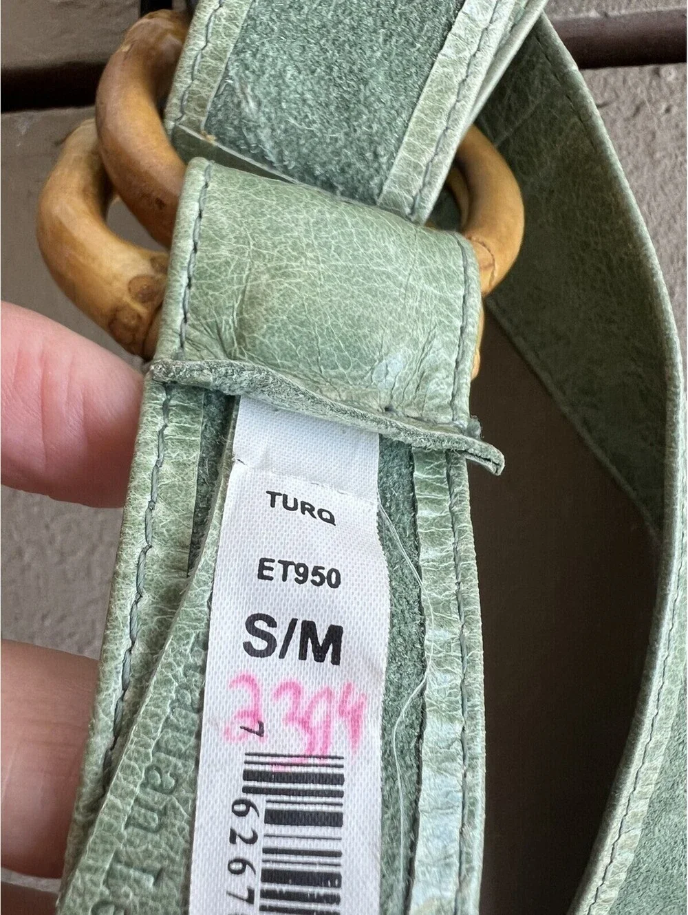 Ellen Tracy Green Italian Leather Bamboo Belt S/M 37”X1.5”